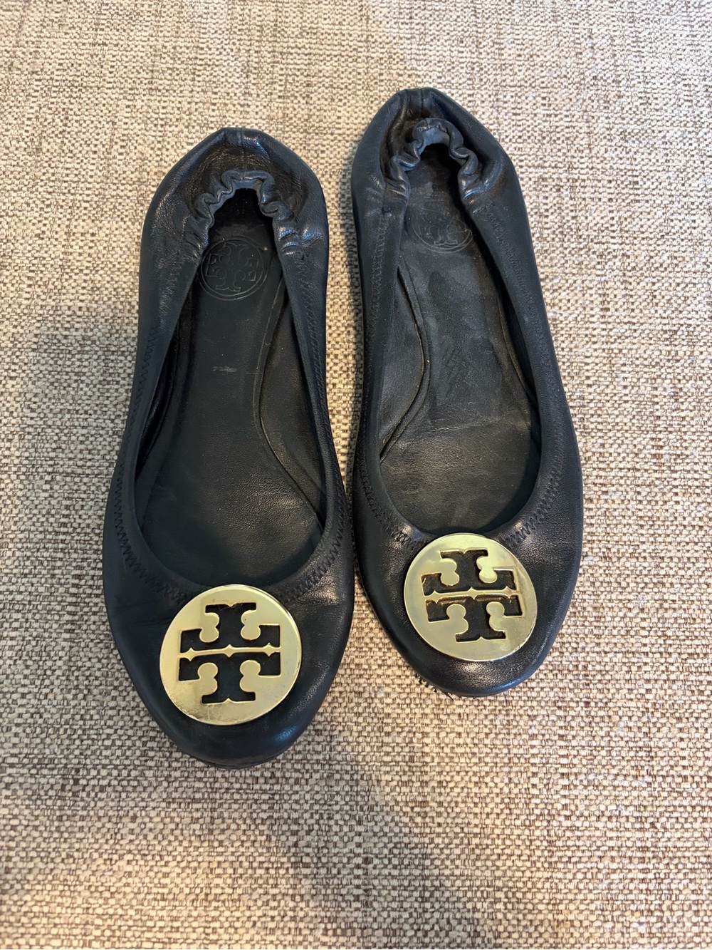 Tory Burch Black Leather Reva Ballet Flats with Gold Logo Medallion